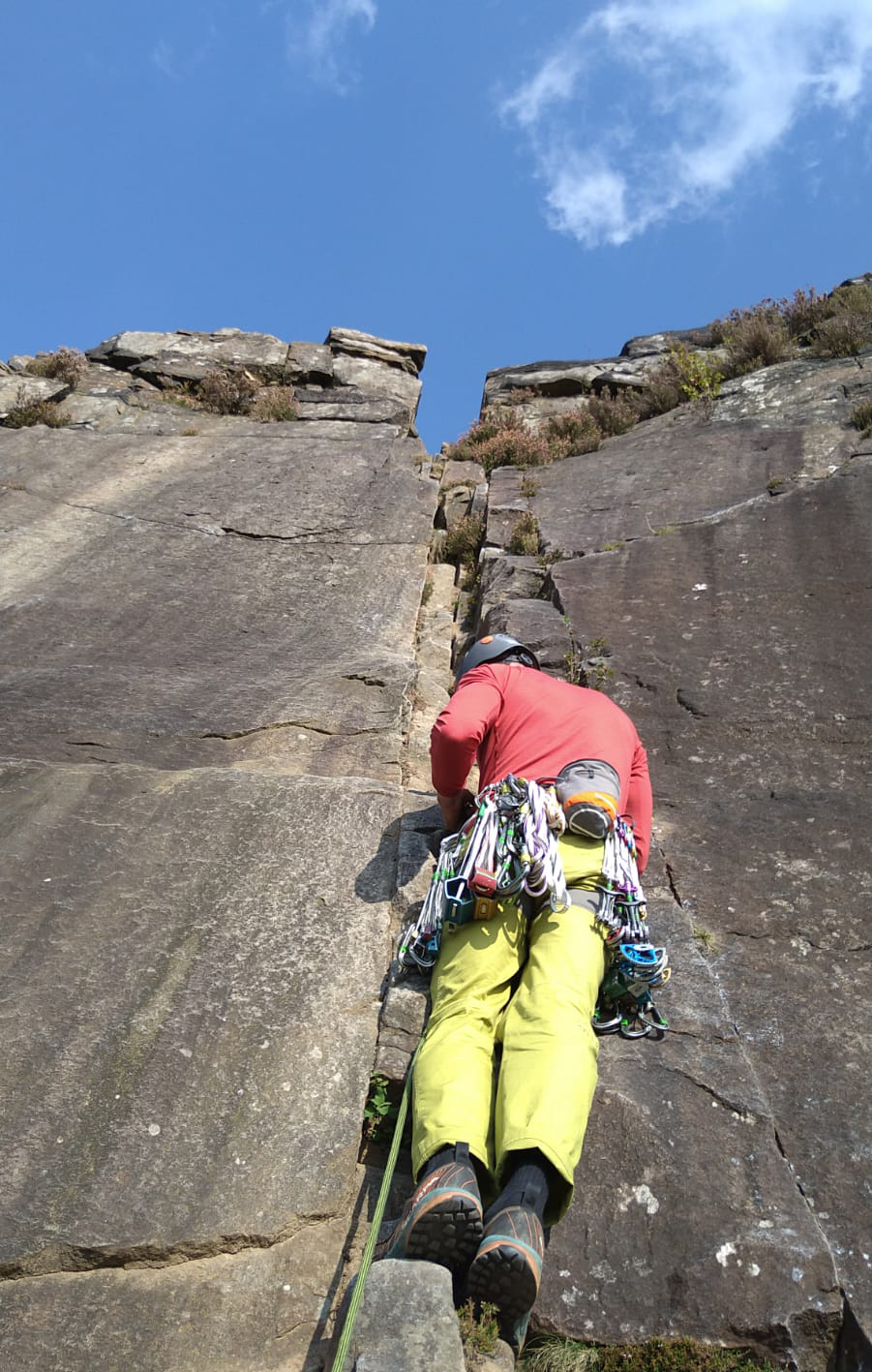 Learning lead climb at Stanage in the Peak District